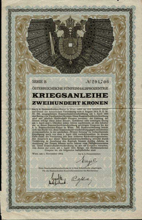 200 koron, pierwsza 5.5% pożyczka wojenna z 1914