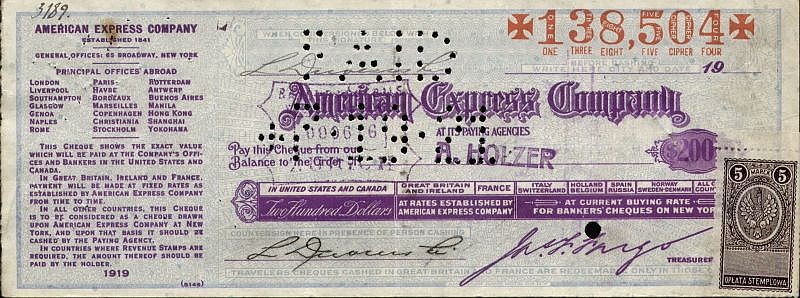 Czek podóżniczy American Express wzór z 1919 roku